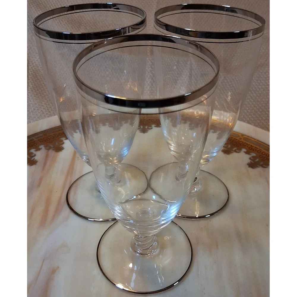 Vintage Silver Platinum Rim Footed Glasses Swirl Stem Water Goblets Set of 3